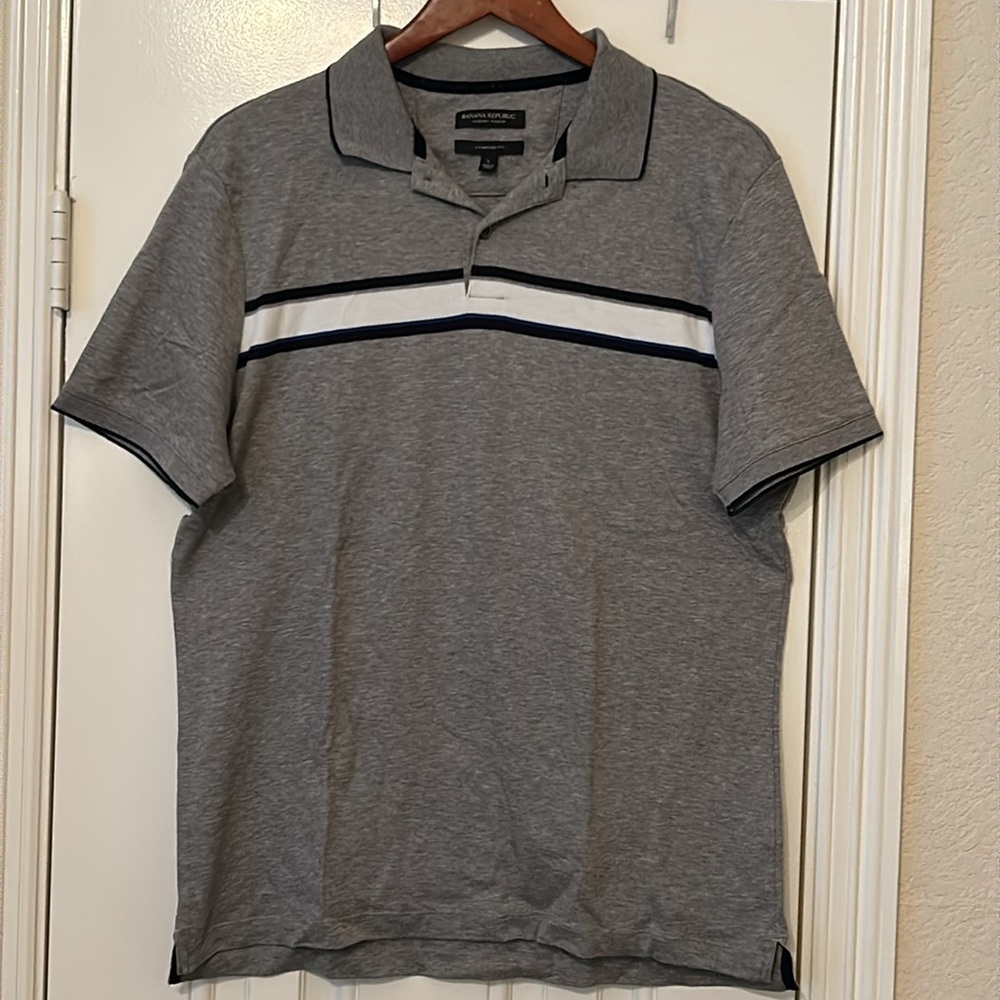 Banana Republic Luxury-Touch Striped Polo Shirt Gray Mens Size L Standard Fit